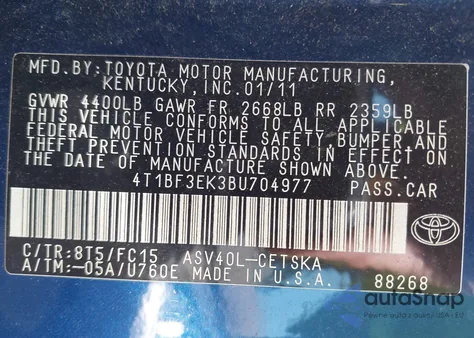 2011 Toyota Camry Se из США, поврежденный, VIN 4T1BF3EK3BU704977